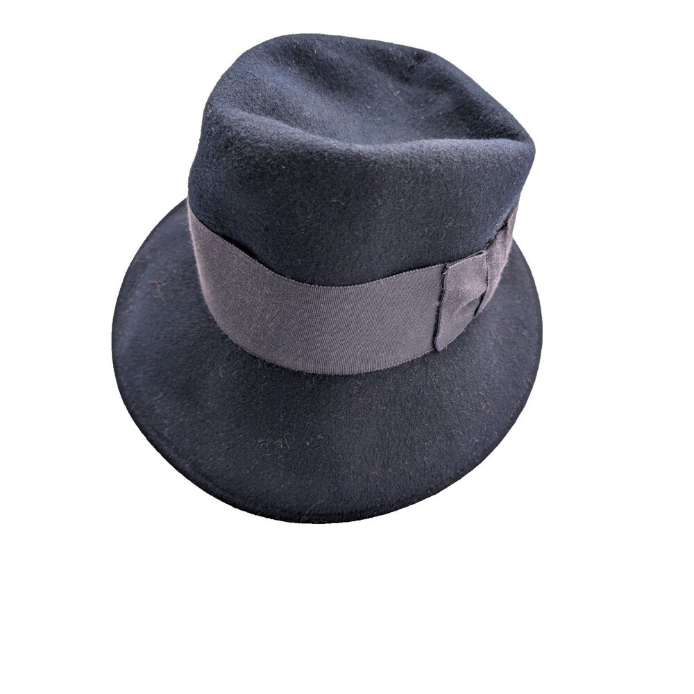 Eric Javits Navy Wool Felt Asymmetrical Sloped Brim Fedora Hat Women's OS Bow